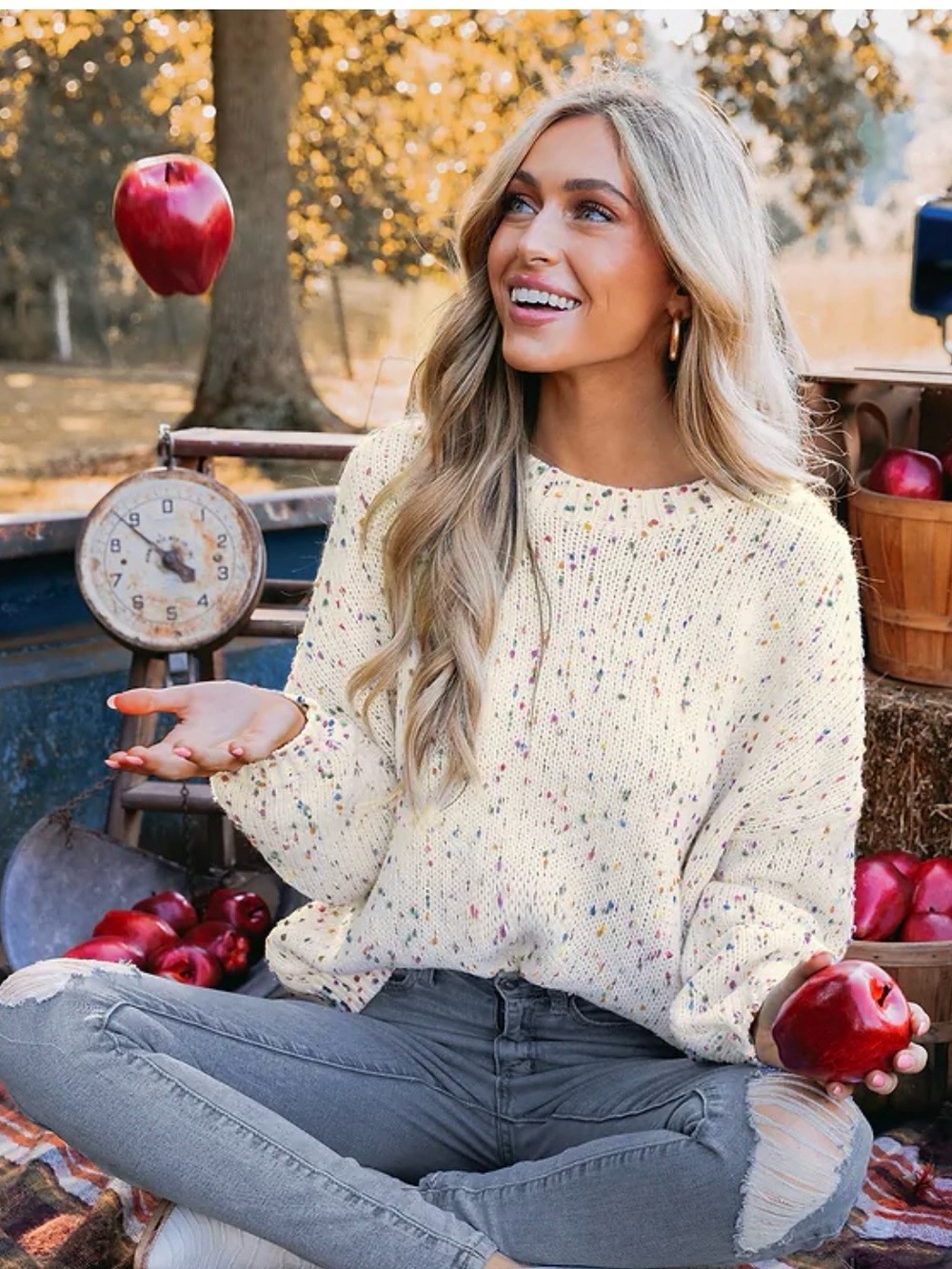 Cupshe Cream Speckled Crewneck Sweater
